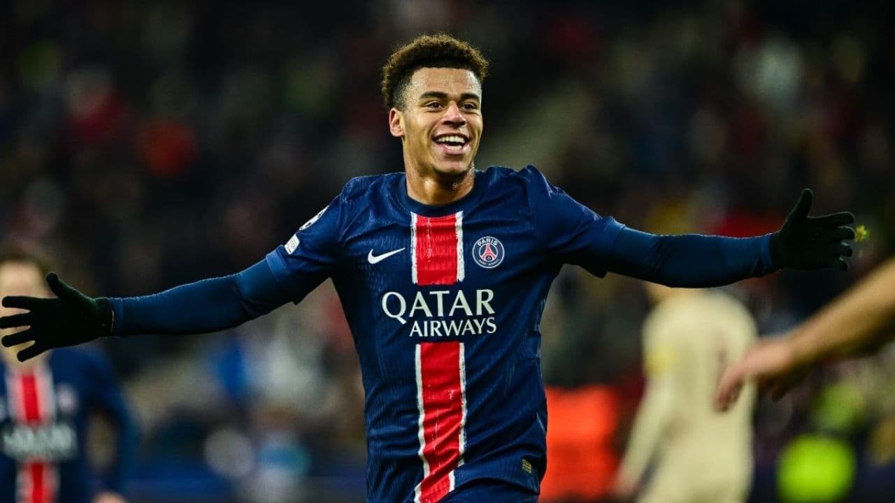 Desire Doue celebrates his goal as PSG defeats Liverpool 2-0 in Champions League quarter-final first leg at Parc des Princes
